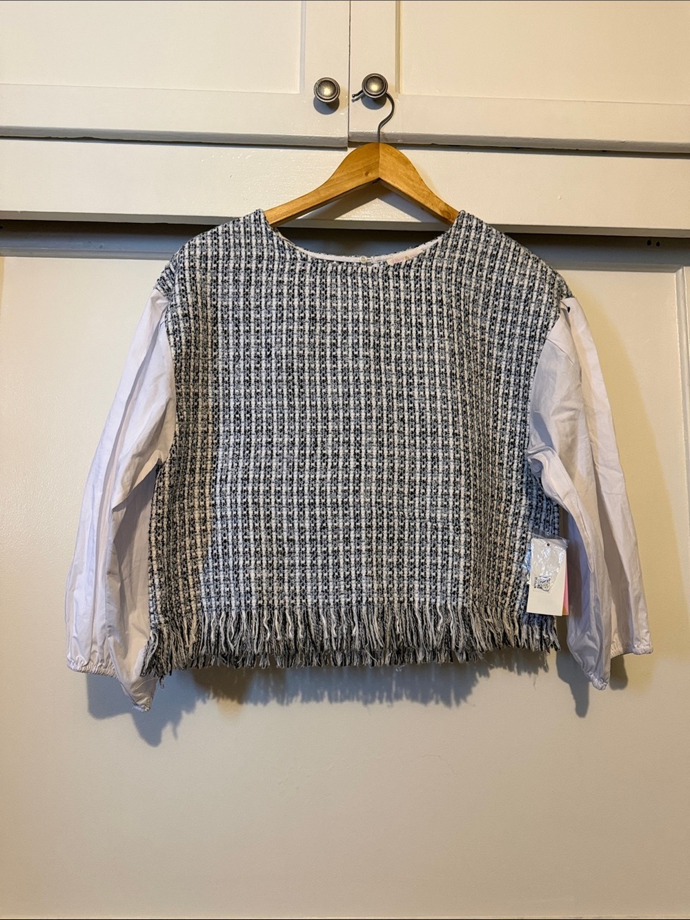 Riley & Rae Black and White Tweed Fringe blouse with White Balloon Sleeves